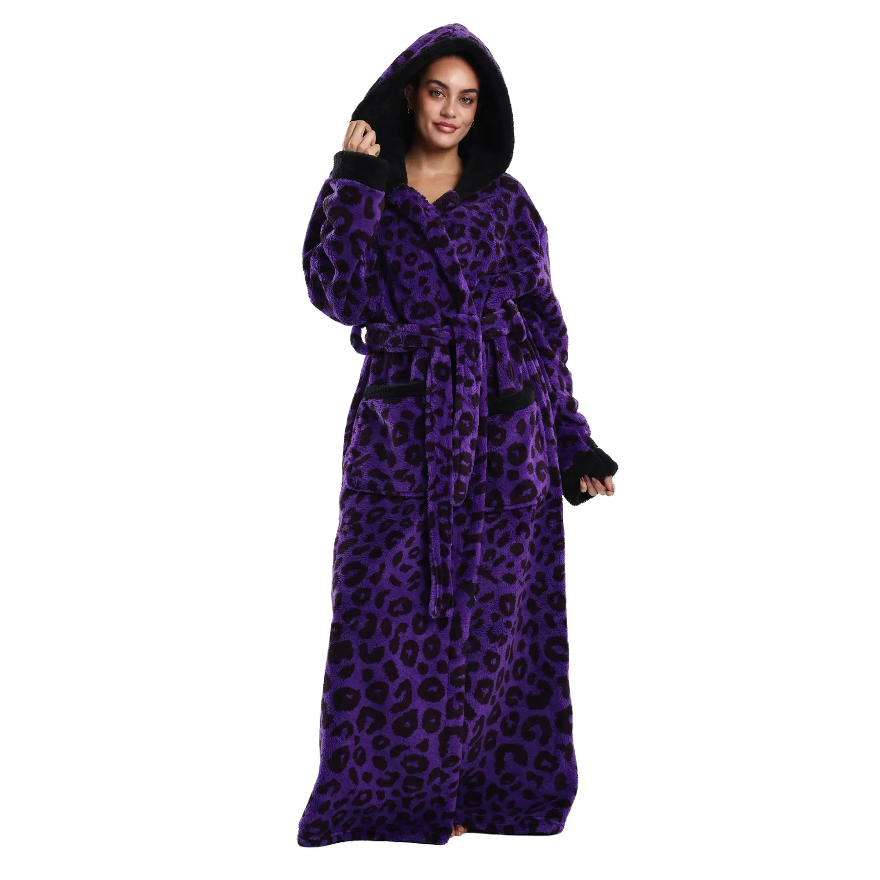 Msrlassn Cozy Soft Bathrobe Flannel Lined Hooded Robe for Women, Thickened Long Sleeve Pyjamas Cute Print Home Loungewear Sleepwear Halloween