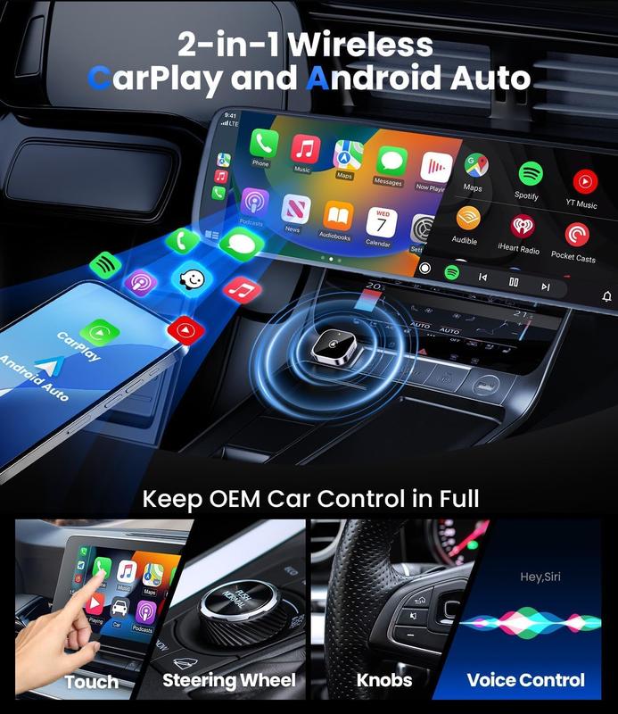 Mini Wireless CarPlay Adapter – Fast Auto-Connect, Plug & Play, USB/USB-C Compatible | Compact Matte Black,2 in 1 Wireless CarPlay and Android Auto Adapter