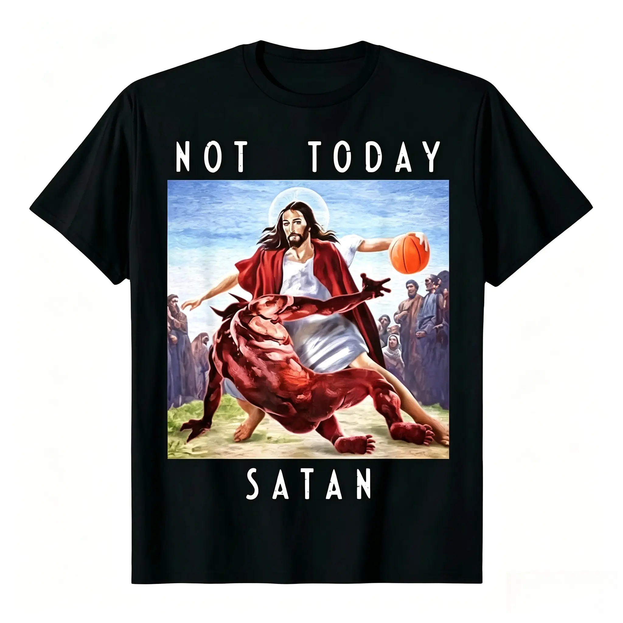Not Today Satan Jesus Vs Satan Playing Basketball T-Shirt Y2k Oversized T Shirt Couples Pro Choice Harajuku Gothic Streetwear Summer Cotton Short Sleeve O-Neck Mens T Shirt New S-4XL Menswear Tops