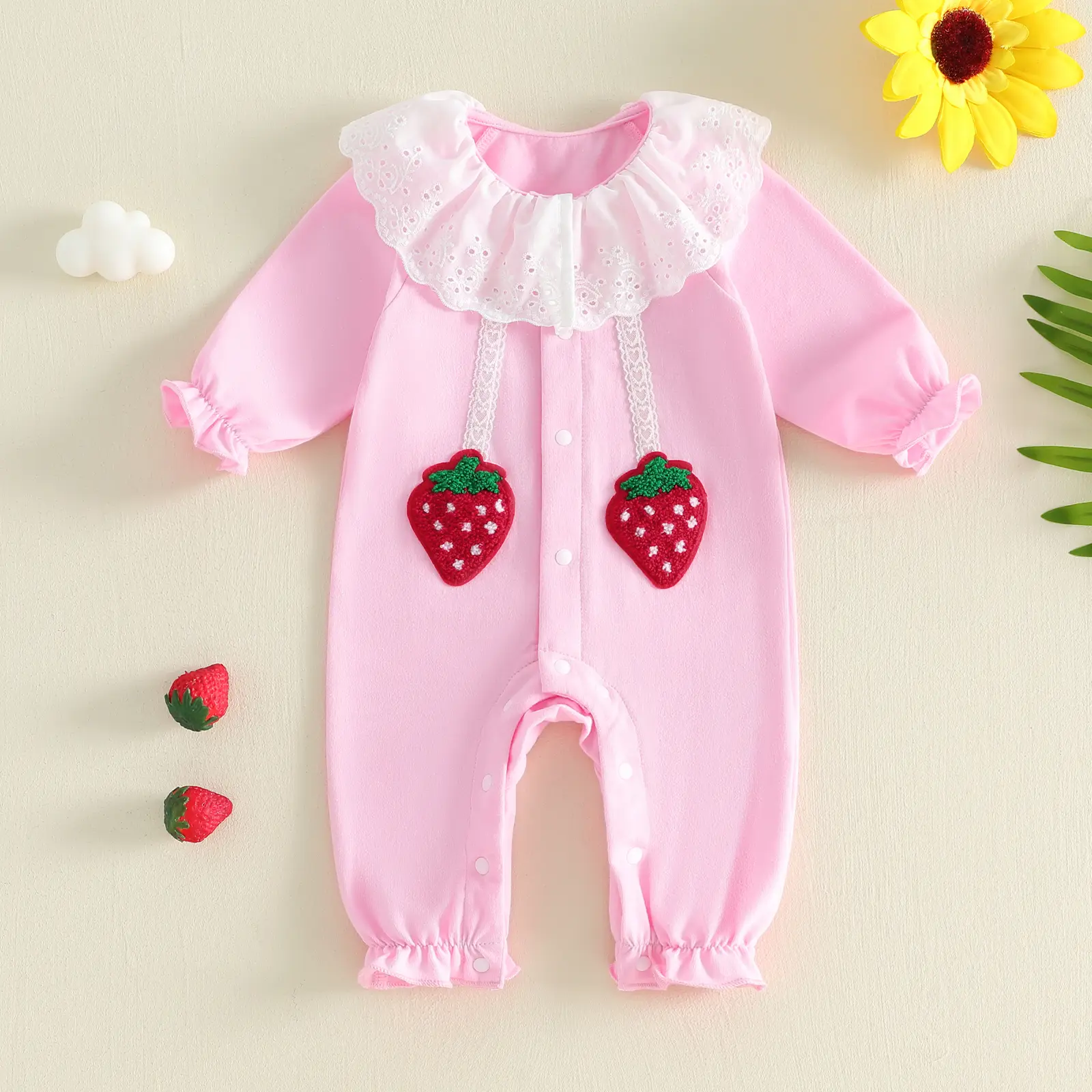 Baby Romper for Girls with Strawberry Embroidery, Long Bubble Sleeve Stretch Cotton Newborn Outfit, Baby Items, Newborn Baby