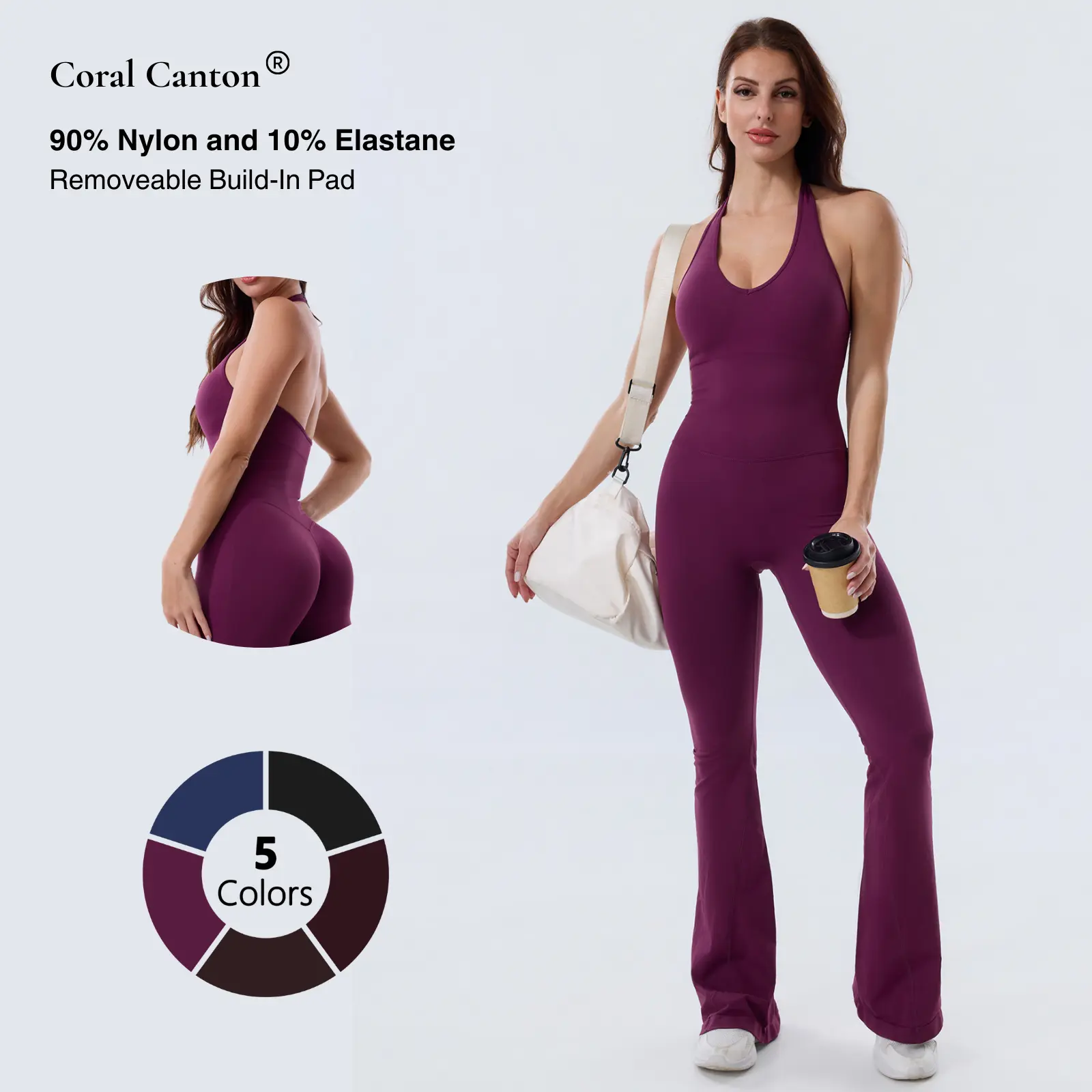 Coral Canton Backless Halter Top Sport Jumpsuit Bodycon Flared Legs Coral Canton Backless Halter Top Sport Jumpsuit Bodycon Flared Legs