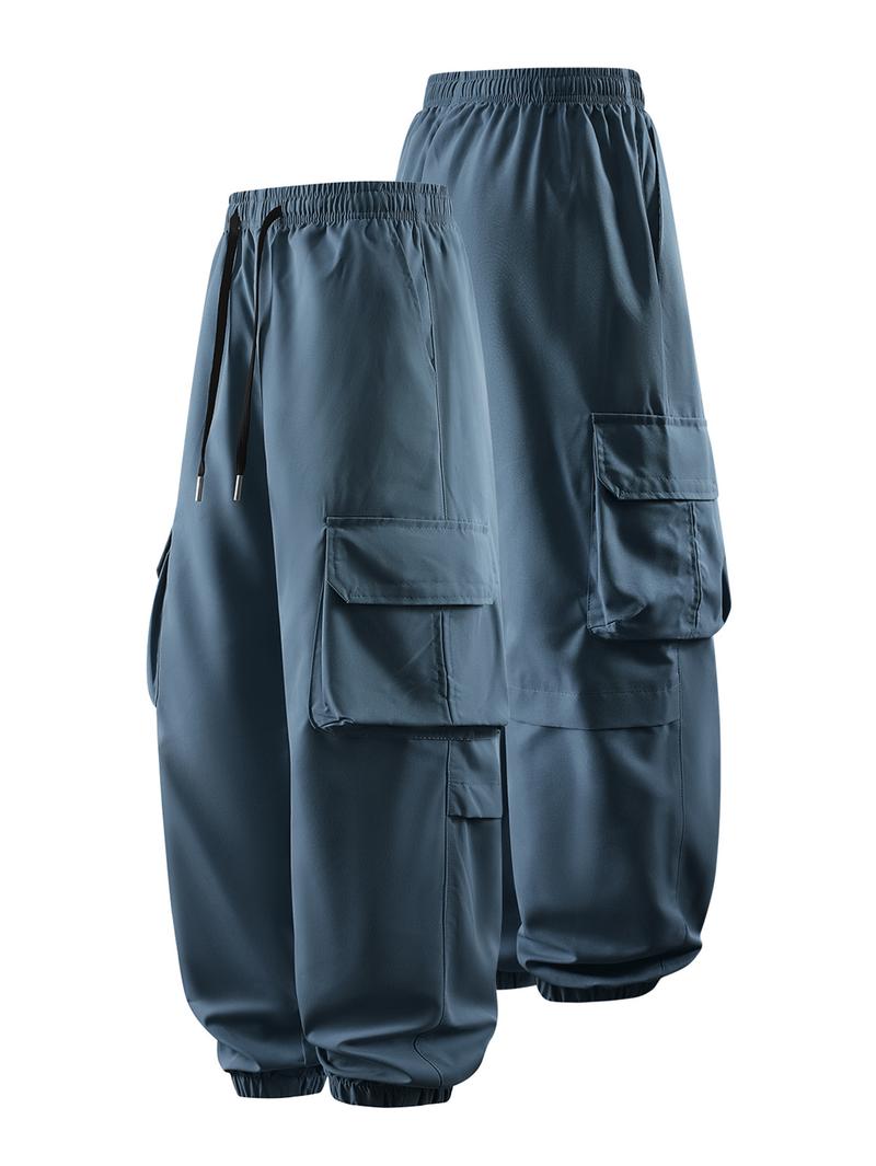 CCCMAI Men's Plain Drawstring Waist Cargo Pants, Casual Pocket Design Trousers for Daily Wear, Streetwear Men's Bottoms for All Seasons Menswear