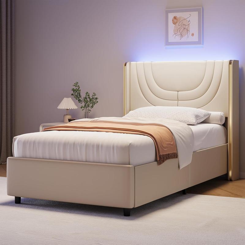 HOMBCK Bed Frame with LED Lights and Headboard, Silver Wingback, No Box Spring Needed, Easy Assembly