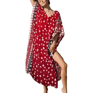 Red V-Neck Momo Dresses Beach Cover Ups Water Drop Kaftan Dresses for Women Plus Size Kaftans Baati Dresses Swimsuit Cover Ups Bohemian Beach Dress
