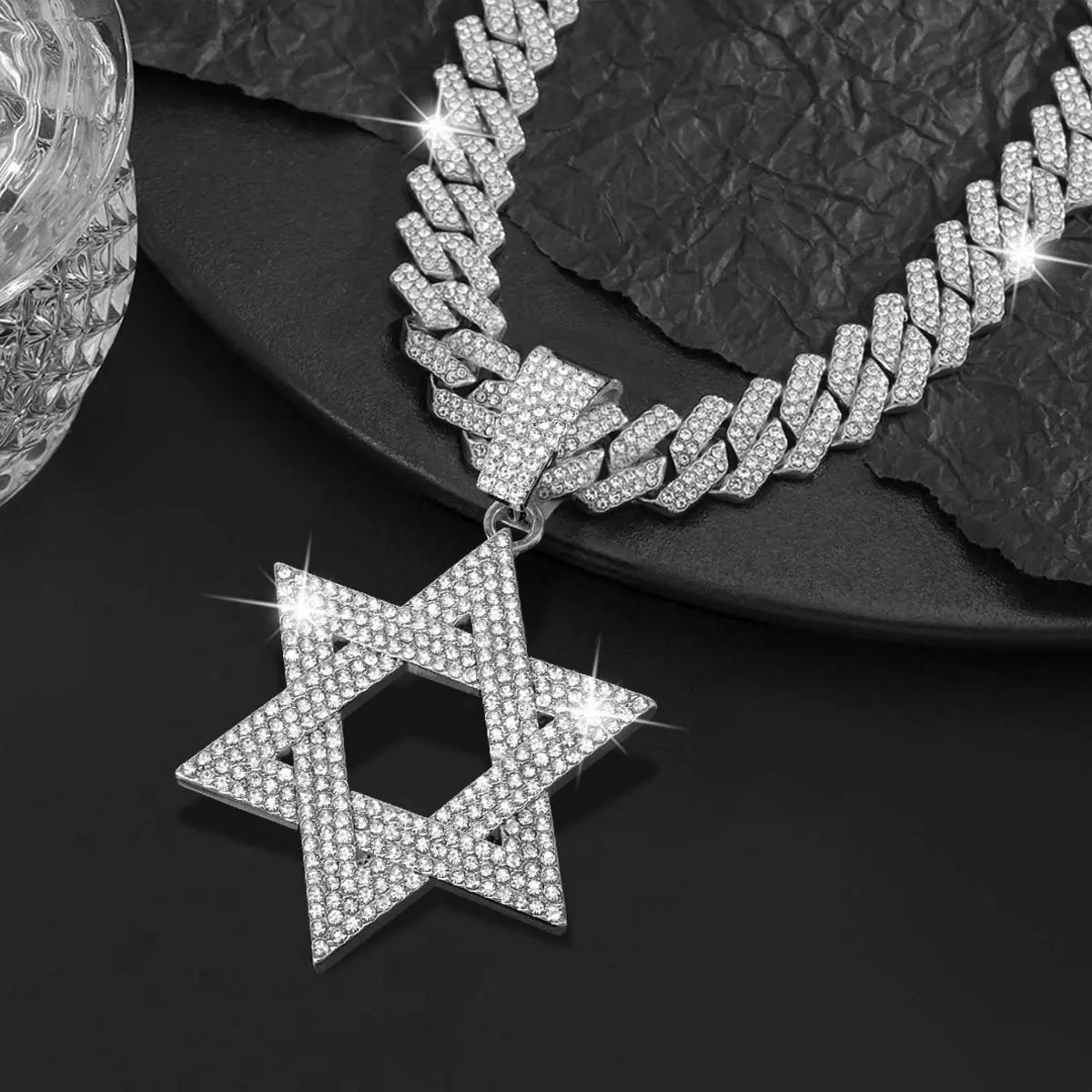 Six Pointed Star Necklace for Men Shiny Cubic Zirconia Accessories