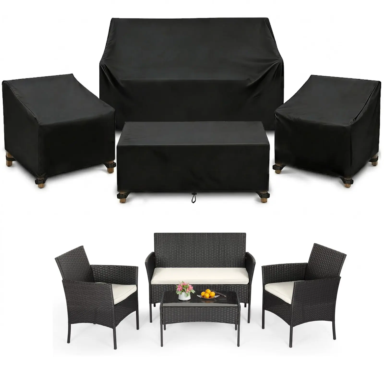 Classic 4-Piece Patio Garden Furniture Set Covers, 420D Oxford Weave Durable Waterproof Dust Covers with Drawstring Pouch, All-Weather UV Protection for Loveseat, Chair & Coffee Table (Patio & Deck Use)