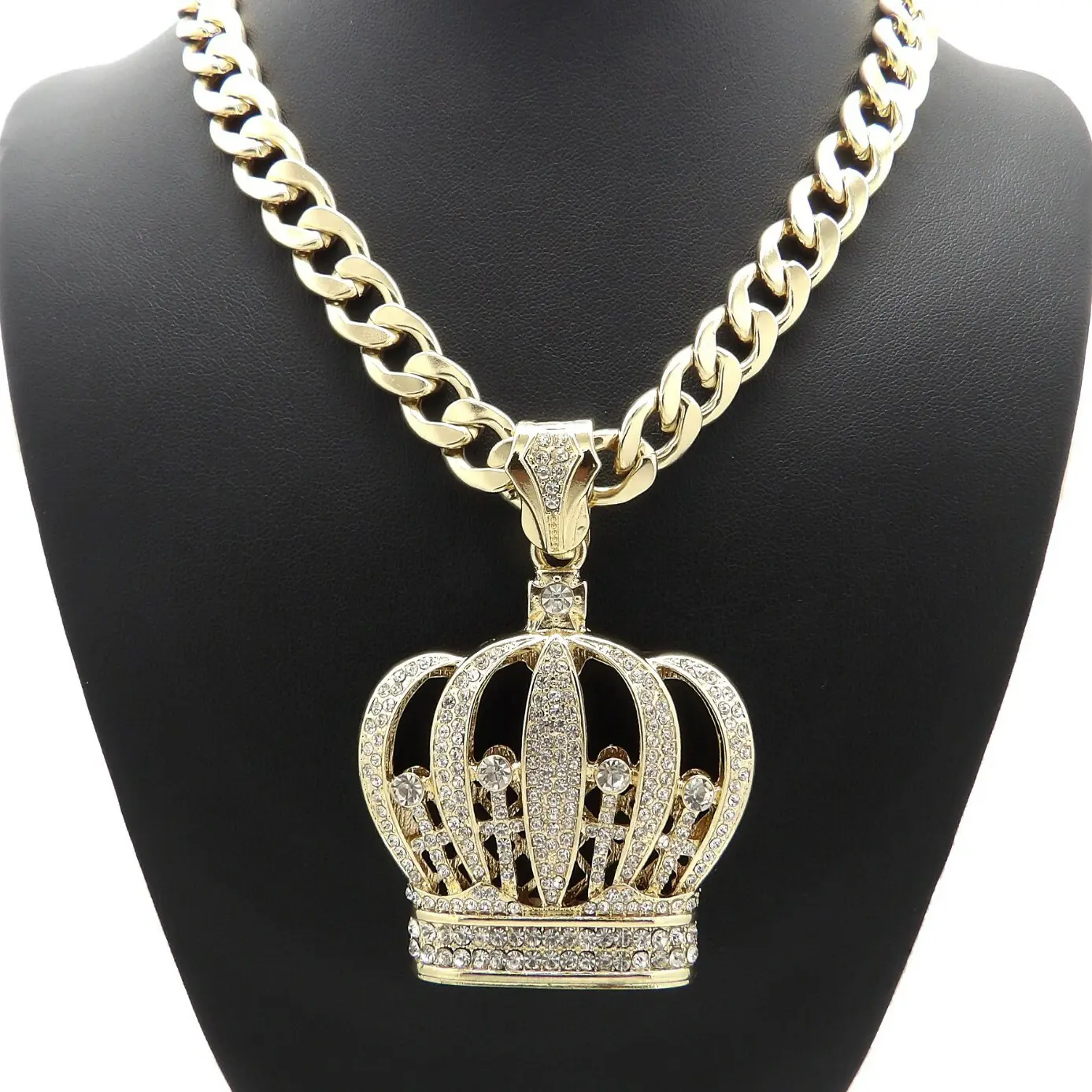 MaxBling81 Men's Hip Hop King Crown Necklace - Sparkling Zircon Large Pendant, 10mm Cuban Link Chain, Gold/Silver Tone, 18-30in Multi-Size, Stylish Accessories with Gold Aesthetic & Chunky Jewelry Style, 55Mm X 60Mm