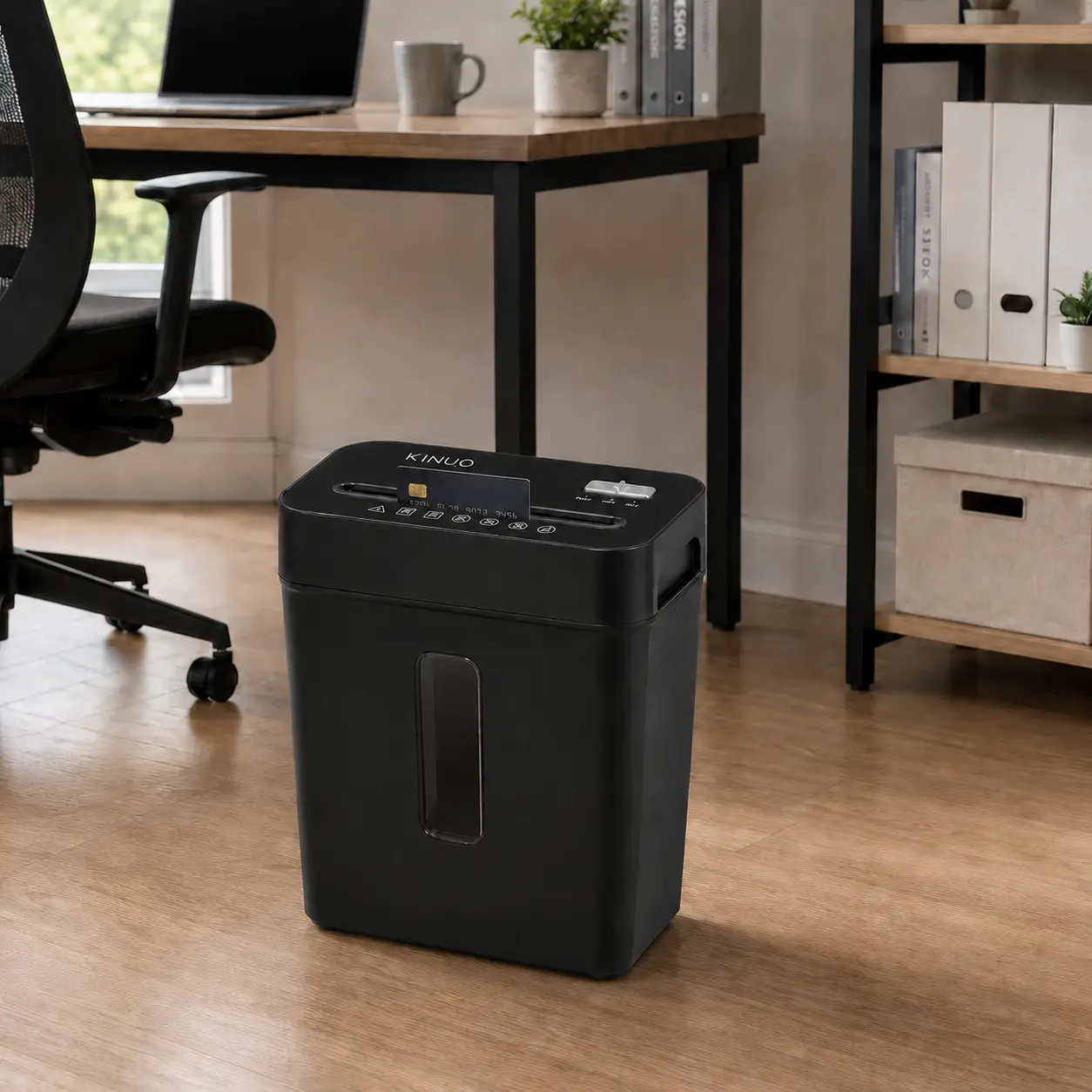 KINUO Cross-Cut Paper Shredder for Home & Office, 6-Sheet P-4 Security Grade, Paper Document & Credit Card Shredding, Auto-Stop Function, Compact Black Desk Model