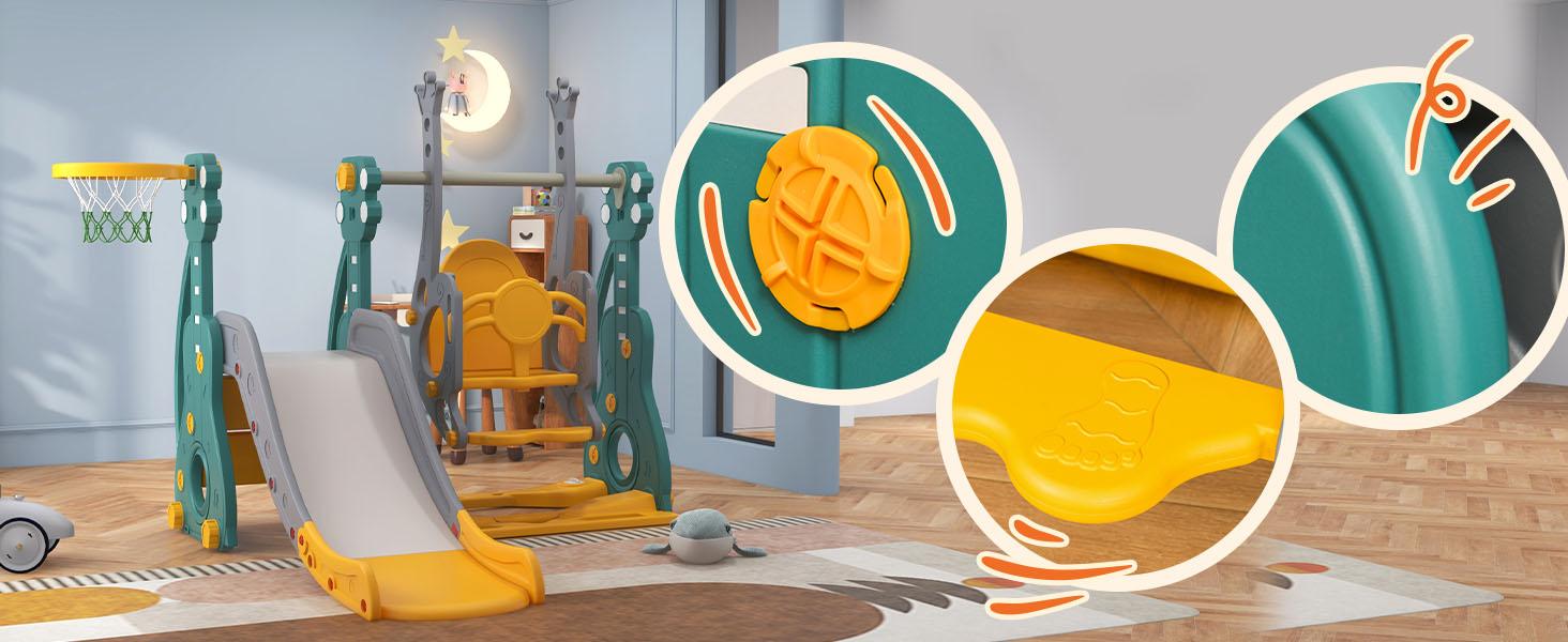 Qaba 3 in 1 Toddler Swing and Slide Set, Kids Slide with Climber, Ultra-Safety, Basketball Hood, Baby Playground Set, Fun Indoor/Outdoor Playset Exercise Toy for Ages 1.5-3