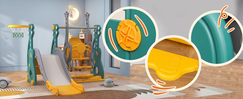 Qaba 3 in 1 Toddler Swing and Slide Set, Kids Slide with Climber, Ultra-Safety, Basketball Hood, Baby Playground Set, Fun Indoor/Outdoor Playset Exercise Toy for Ages 1.5-3