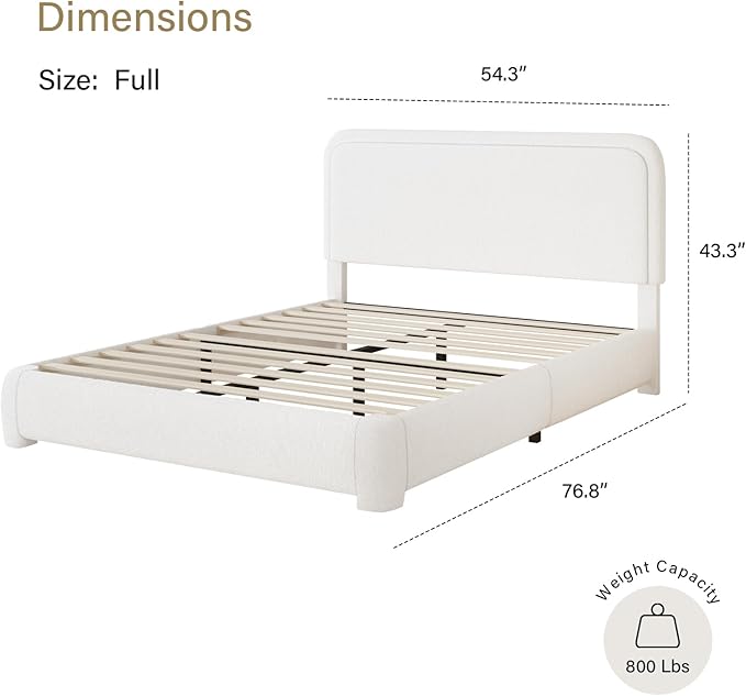 HOMBCK Bed Frame, No Mattress, Boucle Upholstered Platform Bed Frame, Modern, Rounded Corners, Noise Free, Easy Assembly