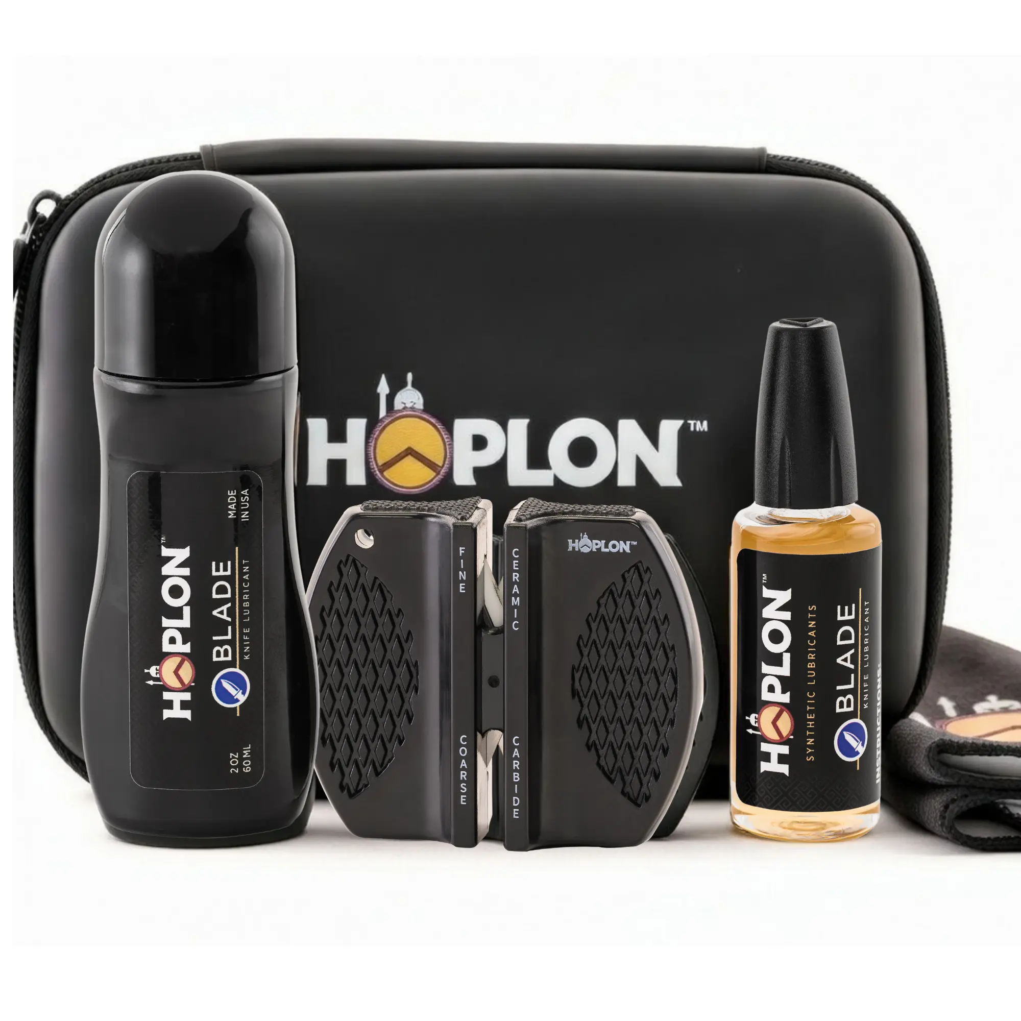 HOPLON Blade Premium Knife Care Kit - Includes 2oz Dauber, 1oz Needle, Sharpener, Towel & Case - Complete Maintenance Set