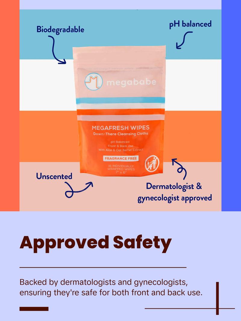 Megababe Megafresh Wipes | Unscented Cleansing Wipes for the Intimate Area | pH Balanced, Front & Back Use | 16 Individually Wrapped Wipes (Pack of 1)