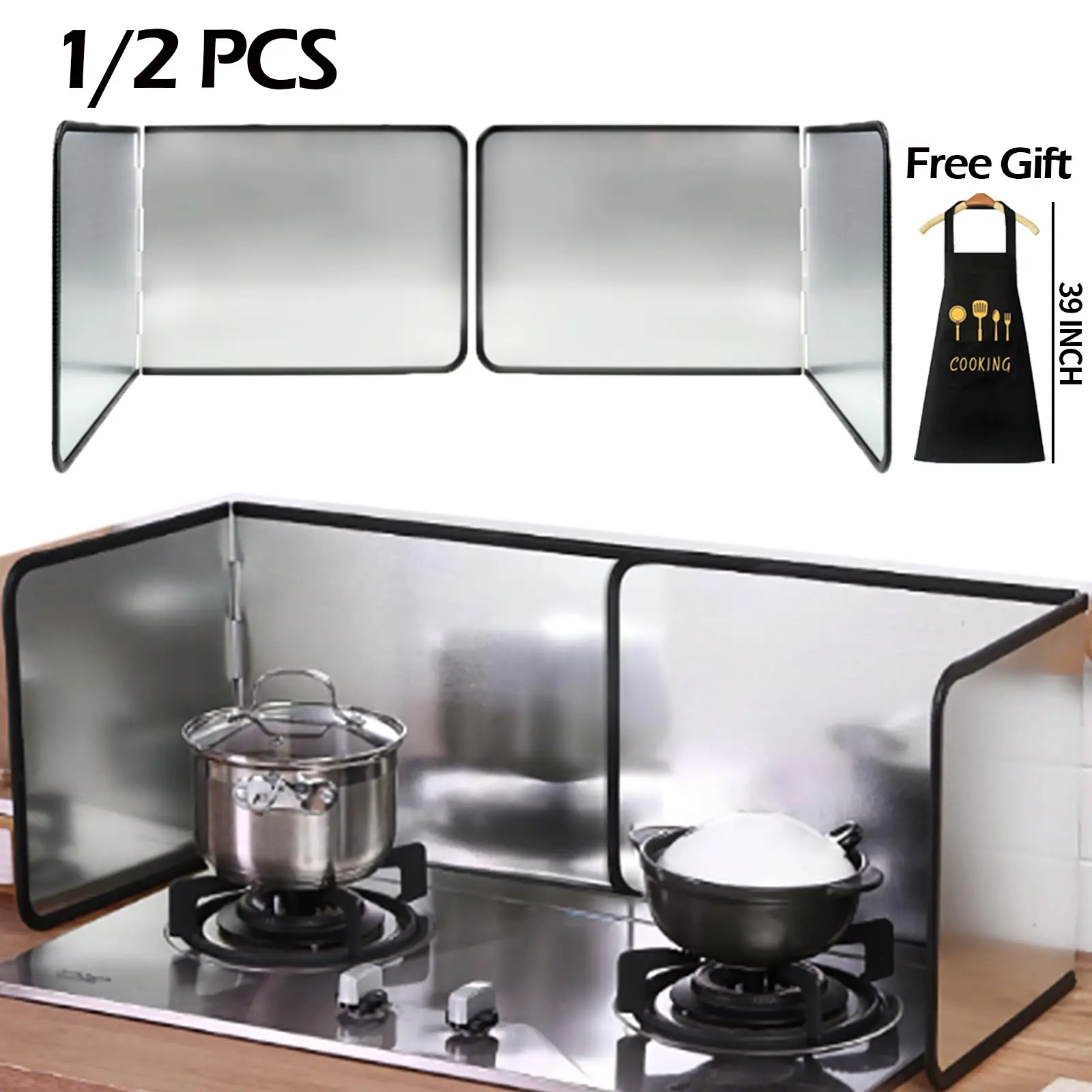 Stainless Steel Greaseproof Splash Guard & Apron Set (1 Pc Guard + 1 Pc Apron) - Foldable Kitchen Accessories, Sturdy Easy Wipe Clean Cooking Backsplash Protector for Gas/Electric Stoves, 30x30cm (12x12 inches)