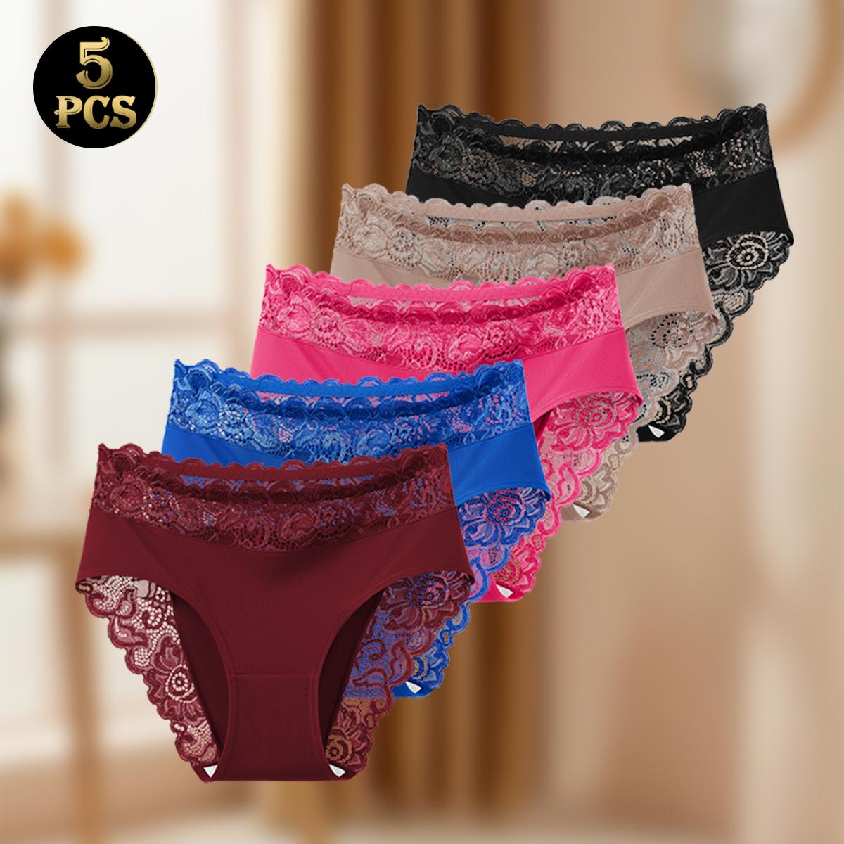 QUASTI 5-Pack Silky Smooth & Sexy Lace Mid-Waist Panties for Women, Lightweight Breathable Fabric Briefs, Soft Stretch Everyday Intimates, S-XXL QUASTI 5-Pack Silky Smooth & Sexy Lace Mid-Waist Panties for Women, Lightweight Breathable Fabric Briefs, Soft Stretch Everyday Intimates, S-XXL