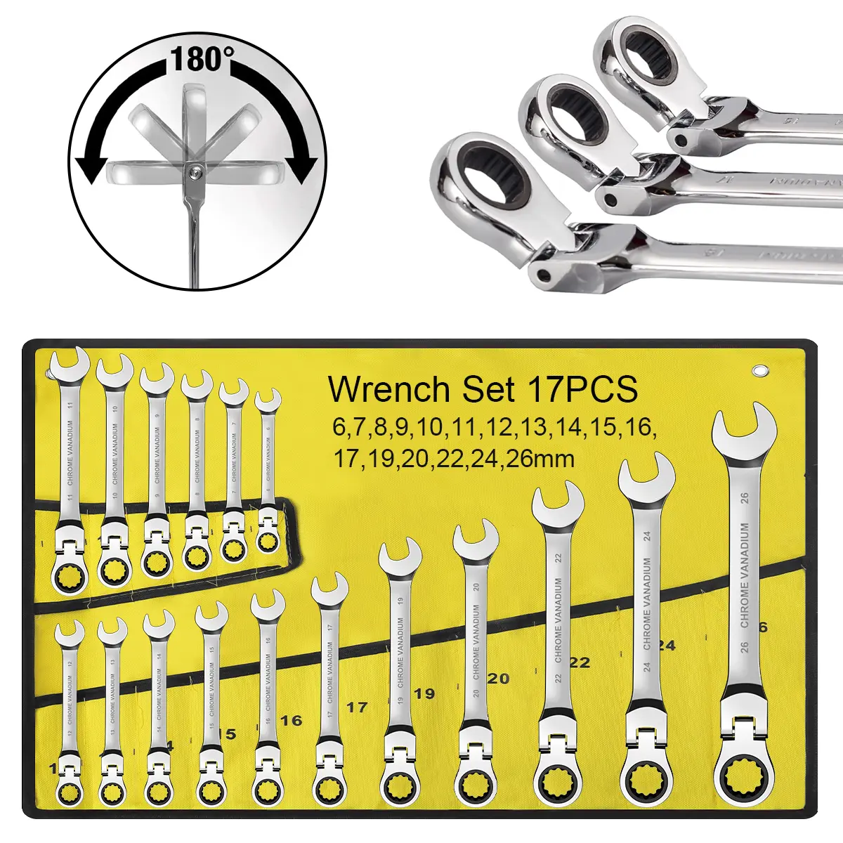 17Pcs Flex Head Ratcheting Wrench Set(6-22MM)- Adjustable, Chrome Vanadium Steel, Manual Operation, No Assembly Required Heavy Duty Tool Hand Tools, Flexible Combination Wrench, Ratchet Combination Wrenches