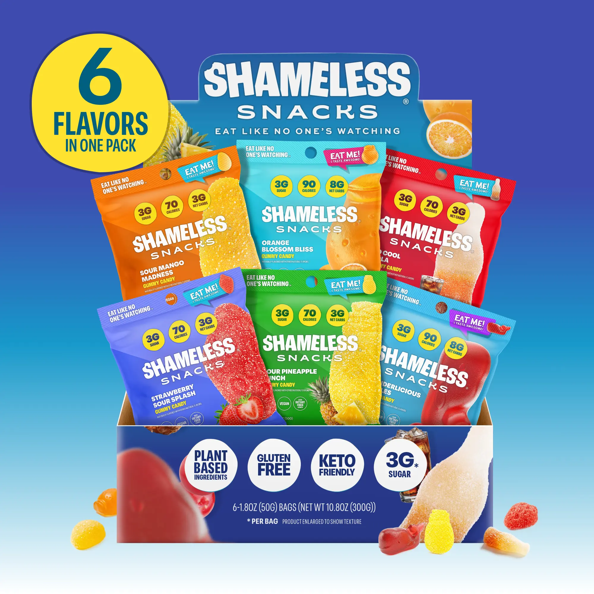 Shameless Snacks Candy Carnival Collection Chewy Gummy Treats - Vegan, Low Sugar Gummies with Pineapple, Mango, Orange, Strawberry & Cola Flavors - Keto Friendly, Gluten Free Snack Packets Fruity Sweets, Low Calorie Snacks, Sweet Treat