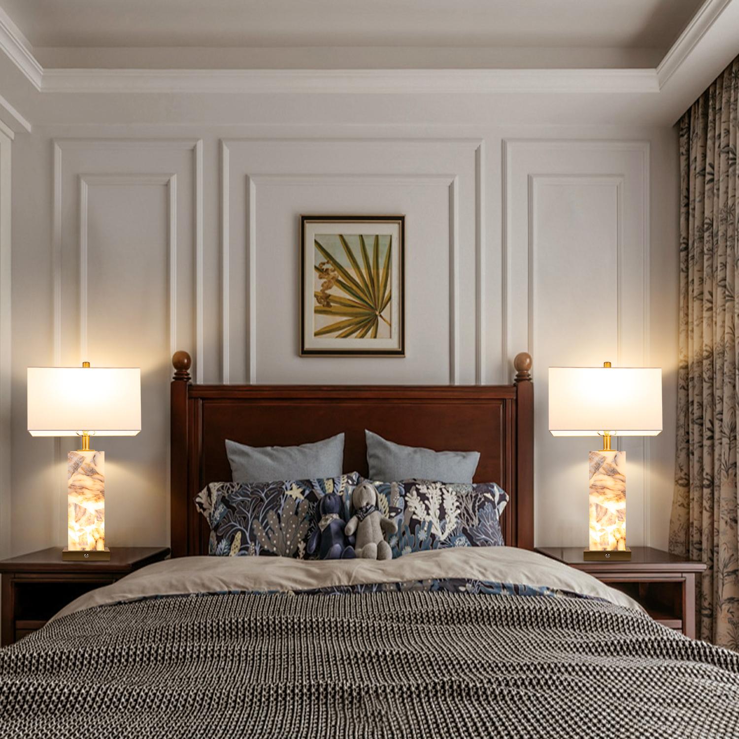 GLITGATE Natural Marble Table Lamps 2 PC, Modern Table Lamp, Nightstand Lamp, Side Table Lamp with 3-color temperature, Bedside Lamps with USB Ports, with 2 USB Ports, For bedrooms, End Table Lamps for Living Rooms