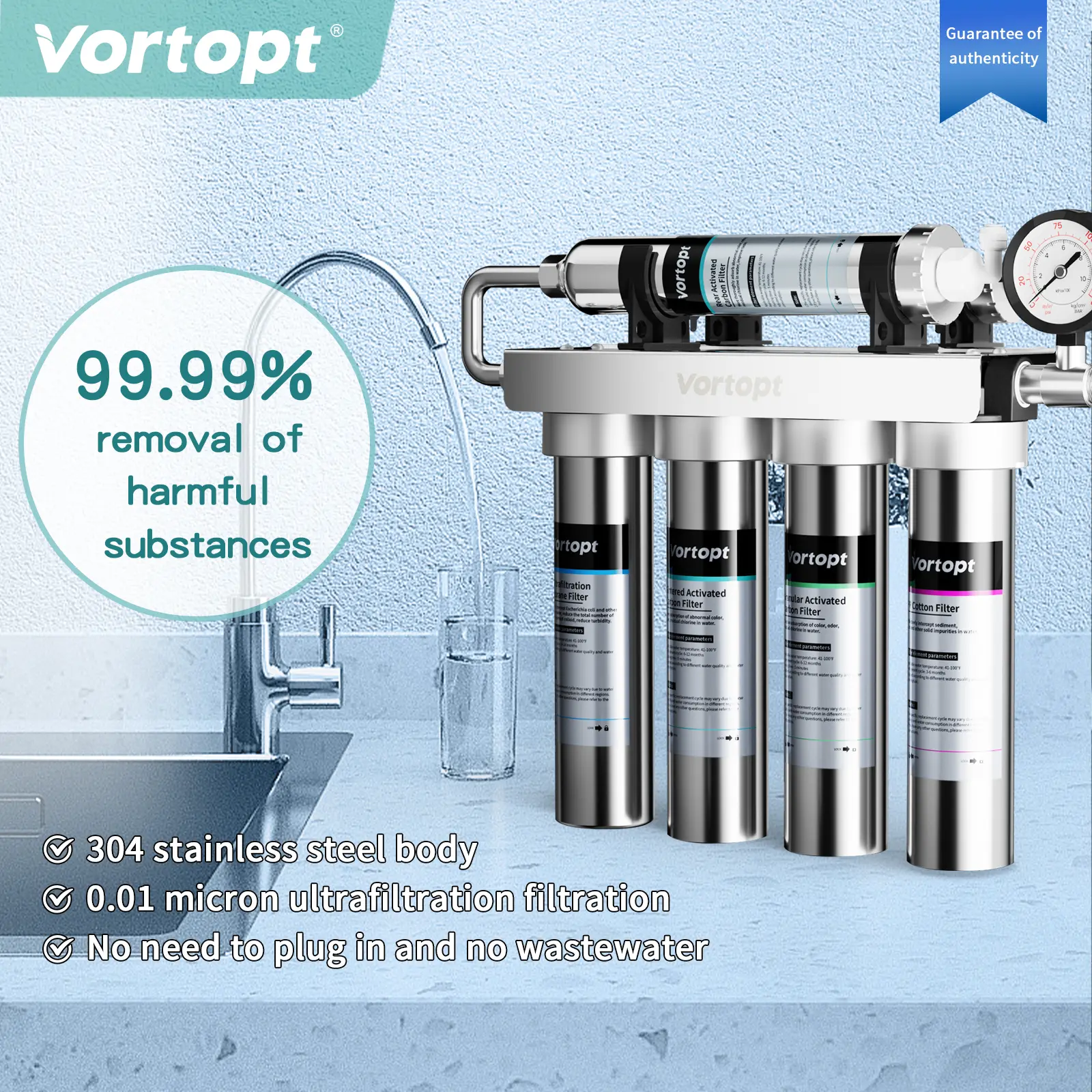 Vortopt Model U1 Stainless Steel Ultrafiltration Water Purifier, 5-Stage Filtration System, Heavy Metal Reduction, Bad Taste & Odor Removal, Real-Time Water Pressure Monitoring