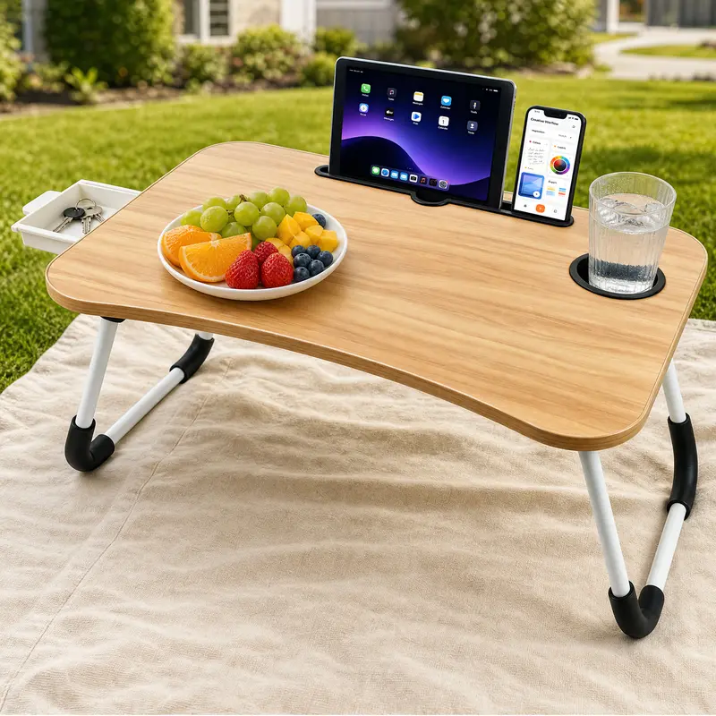 Wooden Multi-Use Foldable Lap Desk for Home - Durable Ergonomic Design MDF Top with Curved Cut, Built-In Cup Holders, Tablet & Phone Slot, Side Storage Drawer, Anti-Slip Feet, Fits Laptops Books Drinks, Space-Saving for Outdoor Travel