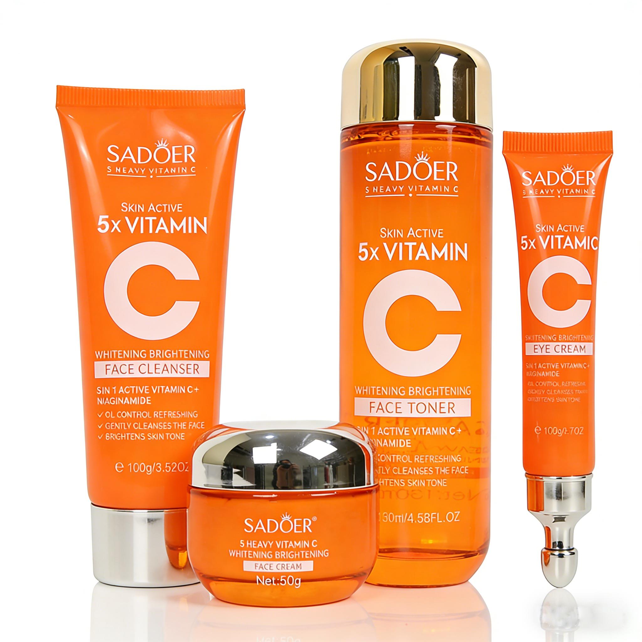 5X Vitamin C Facial Care Set 6-Piece Pack with Cleanser Toner Face Serum Cream & Eye Cream Gentle Skin Cleaning Care Travel Size Kit  for Moisturizing, Brightening, Anti-wrinkle, Radiant Glow - Daily Skincare, Best Gift Daily