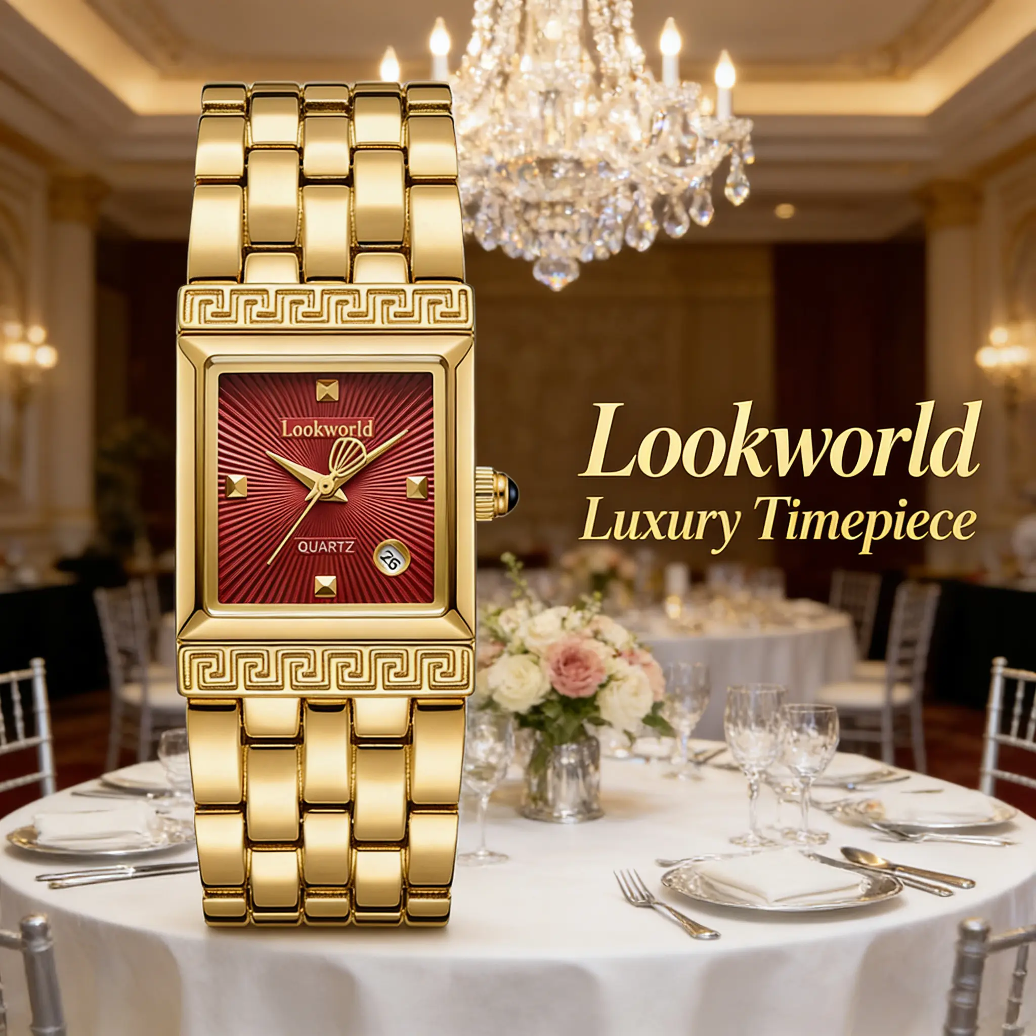 Vintage Gold Square Watch for Women Red Dial Greek Key Style  display picture 1
