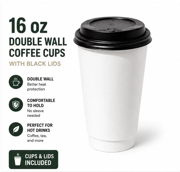 16 oz Double Wall Coffee Cups with Black Lids – Disposable Hot Cups