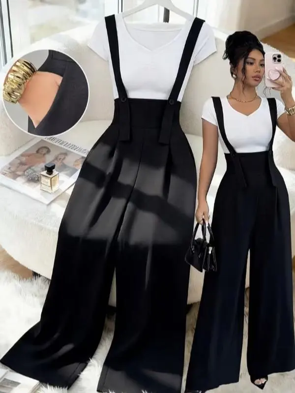 French-style elegant high-waisted wide-leg overalls—stylish for the office, yet versatile for casual wear.