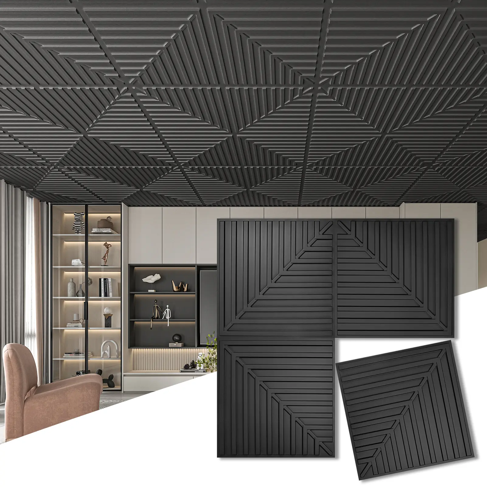 Art3d 3D Ceiling Tiles – 12-Pack 24"x24" Black PVC Drop Ceiling Panels, Covers 48 Sq.Ft for Walls & Ceilings Decorative Wallpaper Living Room
