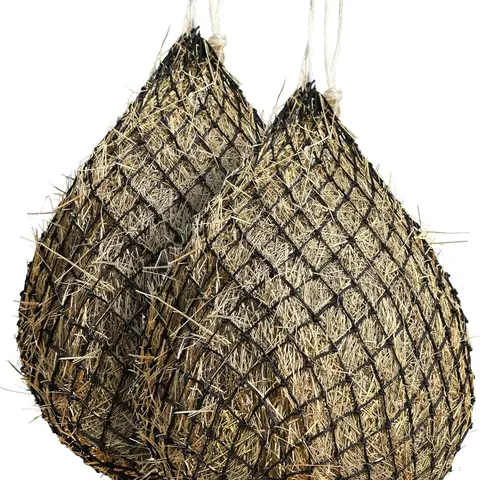 Harrison Howard 2-Pcs Nylon Rope Hay Net for Horses, 40in Length, 2" Holes, Quality Hook, Easy to Fill & Load, Stretchy for Eating, Digestive Aid, Less Waste, Farm Animal Feeding Supplies (Black, for Stables & Shows)
