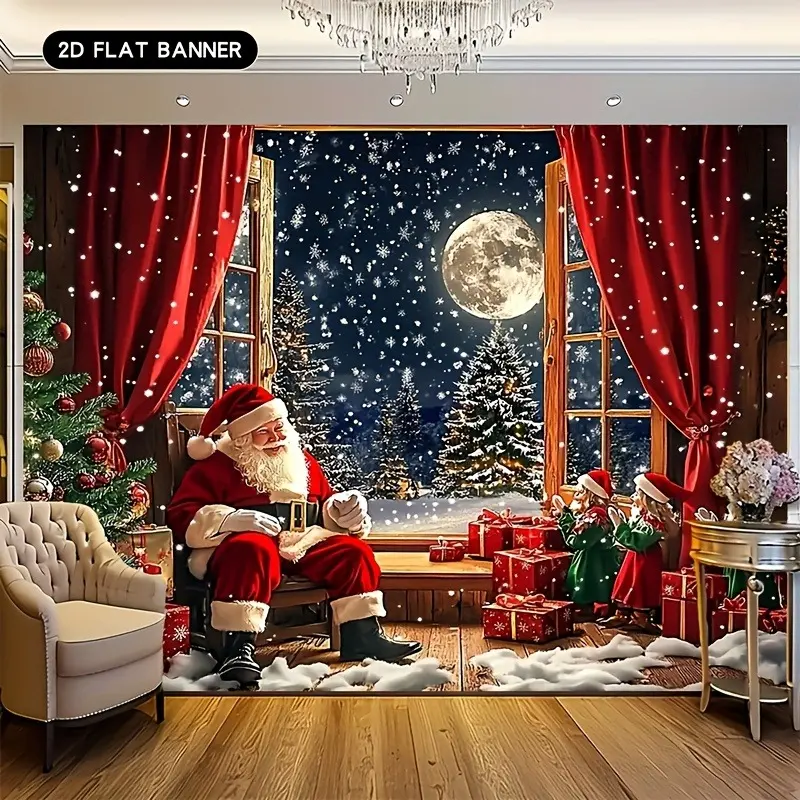 2D Flat Santa Claus By The Window Banner - Cozy Polyester Lightweight Christmas Backdrop, Geometric Photo Props, Table Decor, Party Supply for Boys and Girls, Indoor-Outdoor Home Festive Decoration, Anniversary