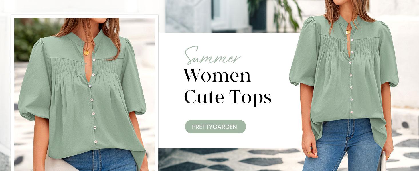 PrettyGarden Women's Button Down Lined Shirt Short Lantern Sleeve Summer Tops Loose Fit Casual Pleated V Neck Blouses PrettyGarden Women's Button Down Lined Shirt Short Lantern Sleeve Summer Tops Loose Fit Casual Pleated V Neck Blouses
