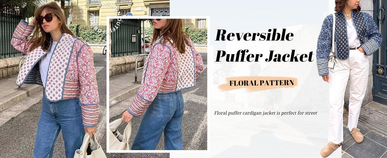 JovenPara Women's Cropped Floral Quilted Jacket Cardigan Printed Lightweight Open Front Padded Puffer Coat