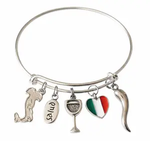 Italian Charm Bracelet Italy Gift for Women, Salud Italy Map Flag Wine Glass Chili Pepper, Silver Expandable Bangle Adjustable