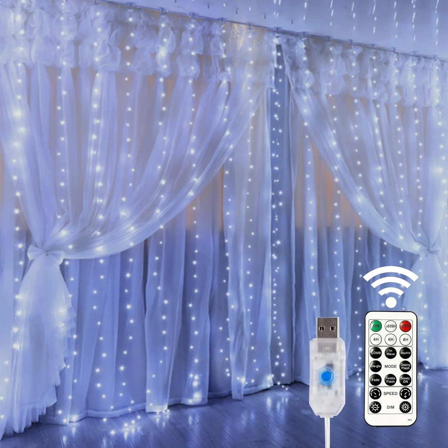 300-LED Window Curtain String Lights, USB-Powered Waterproof Copper Fairy Lights with Remote Control, 8 Lighting Modes, for Bedroom, Christmas Home Decorations, Cool White, Lights For Bedroom