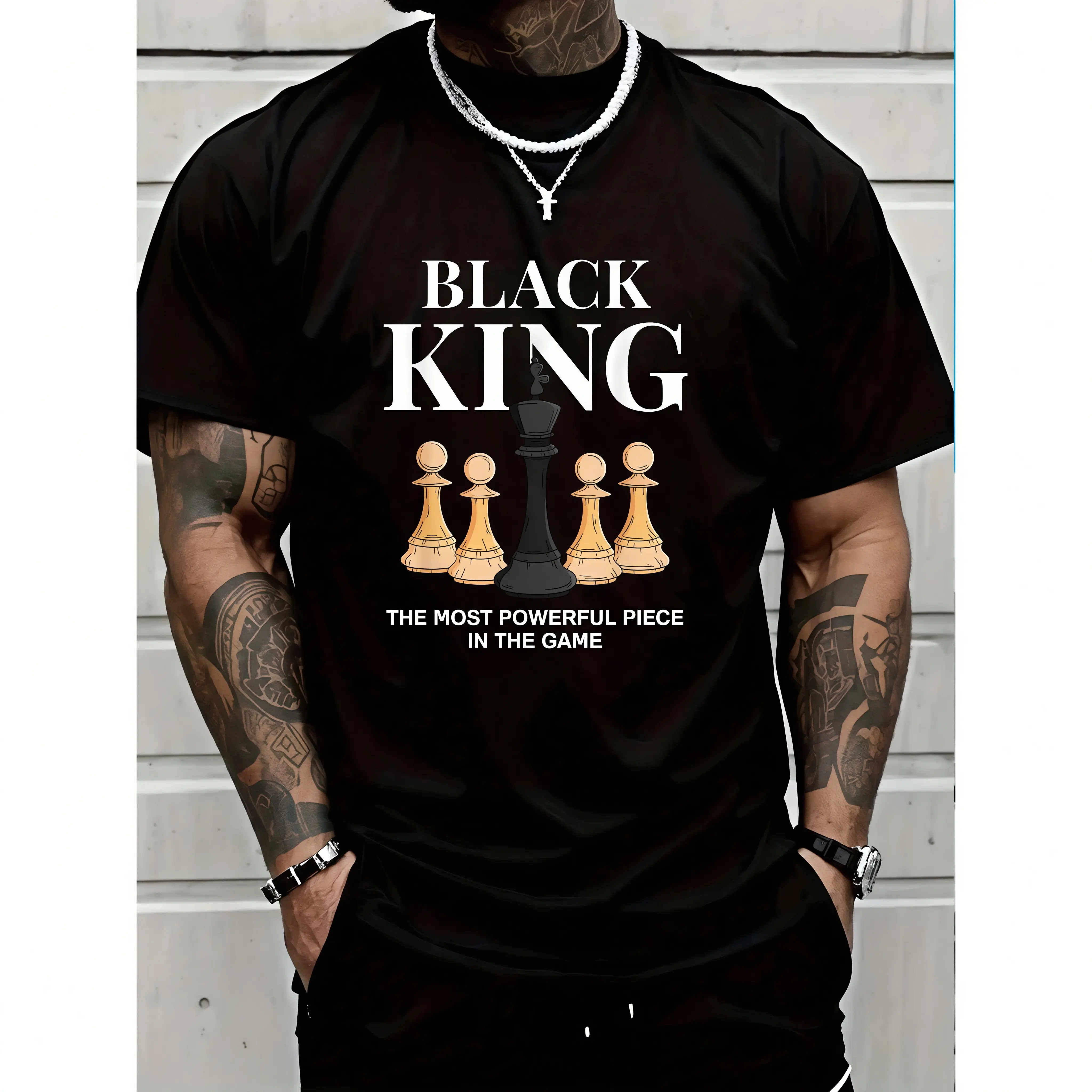 Men's Graphic T-Shirt with 'The Most Powerful Piece' Chess King Print, Breathable  Relaxed Fit Short Sleeve Tee