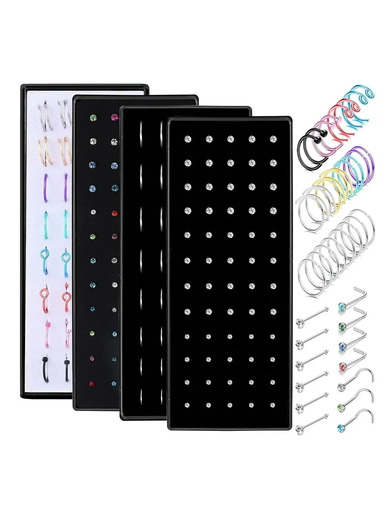 Nose Ring & Stud Set, Stainless Steel Material, Bone & Screw & L Shaped Nose Studs & Nose Rings Hoops, Rhinestone Embellishment, Nose Piercing Jewelry, Fashion Body Jewelry for Women & Men