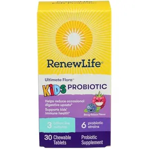 Renew Life Kids Probiotic Chewables, Supports Digestive & Immune Health, Prebiotics & Probiotics, Raspberry, 30 Chewable Tablets