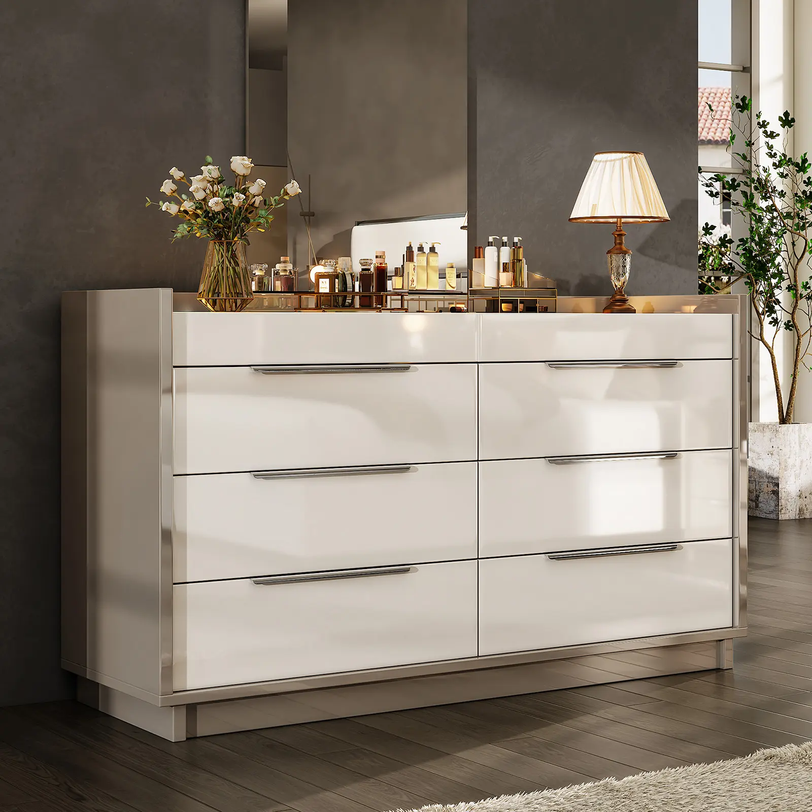 AMERLIFE Modern LED 8/5 Drawer Dresser Set with Glass Tabletop, Jewelry Storage, Lift-Top Mirror & High Gloss Finish for Bedroom, Living Room, Dressing Room - Cream & Grey/Best Gift Ideas/Christmas Gifts[tiktokshopbacktoschool][SohoChic]