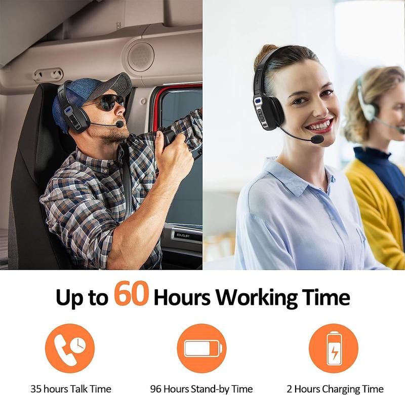 Professional Trucker Headset 60 Hours Working Time - 33FT Wireless Range - USB-C Fast Charge - Perfect for Long Haul Drivers Audio Headphone