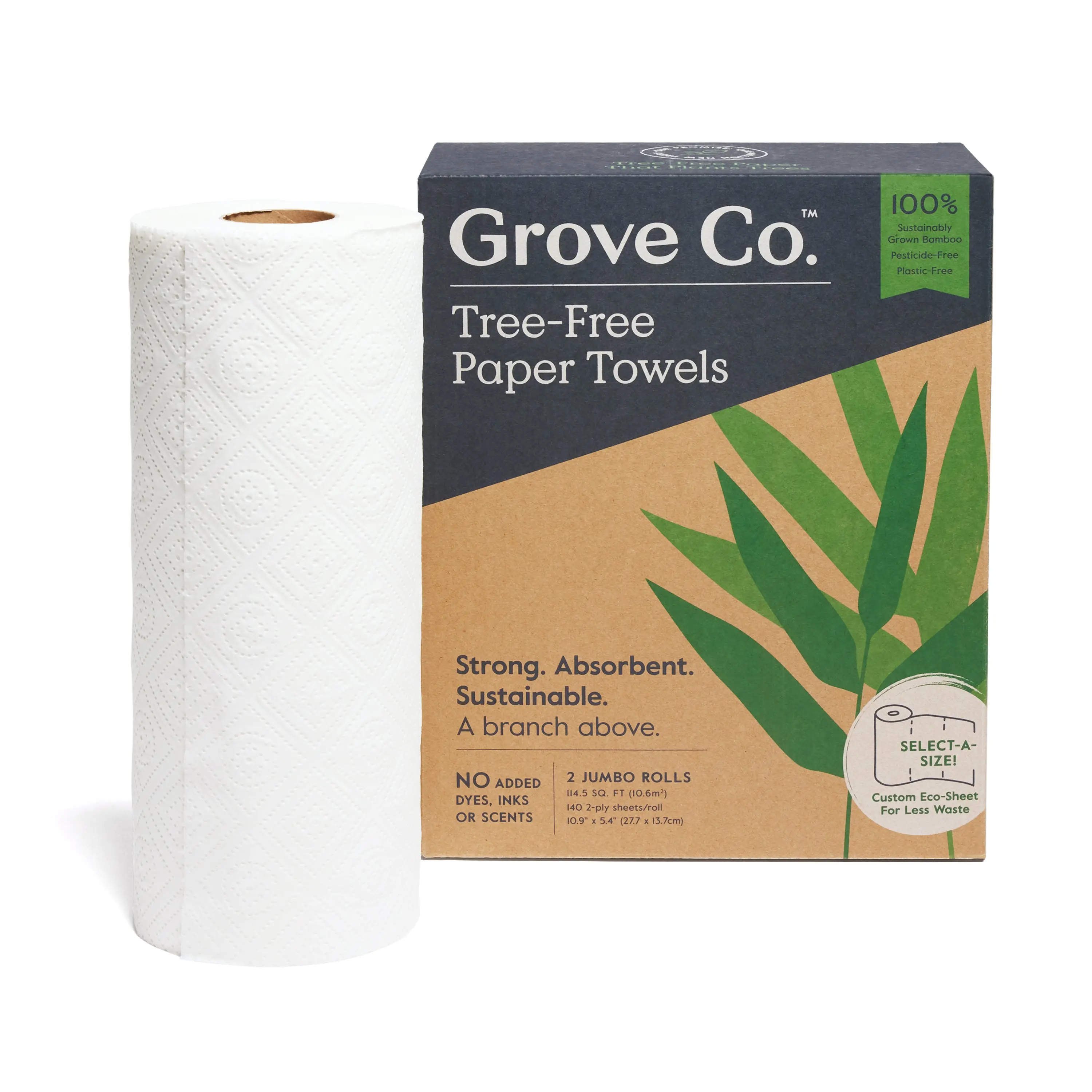 Grove Co. 2-Ply Bamboo Paper Towels (140 Sheets/Roll, 5.4"x11"), FSC Certified, Absorbent, Dye-Free, Chemical-Free, Unscented, Kitchen-Ready for Spills and Cleanup Home Care Supplies