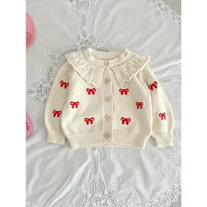 Baby Girl Cardigan - Soft Knit Sweater with Beige & Red Accents, Easy Button Placket Closure, Machine Washable Winter Outfit for Newborns & Infants - Everyday & Special Occasions, Infant Wardrobe Essential, Playful Knitwear, Comfortable Infant Wear, Newbo