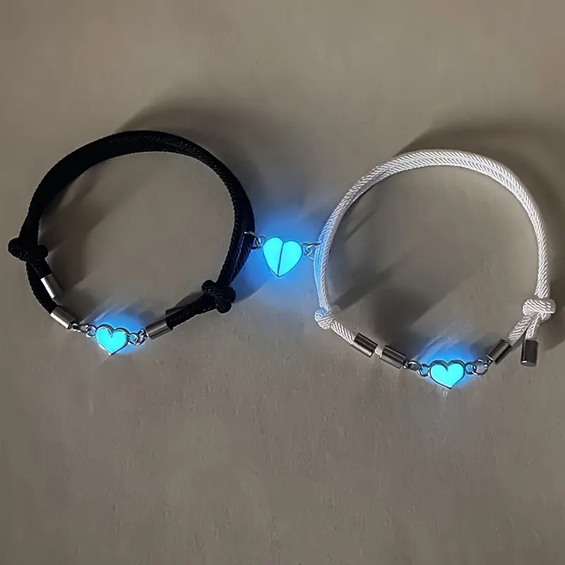 Luminous Heart Charm Bracelet Set, Hand Woven Magnetic Milan Wire Wristbands, Glow In The Dark Romantic Couple Jewelry, Delicate Matching Ornament for Daily Wear And Valentine's Day Gift Choice,summervibes,back to school,back to school haul