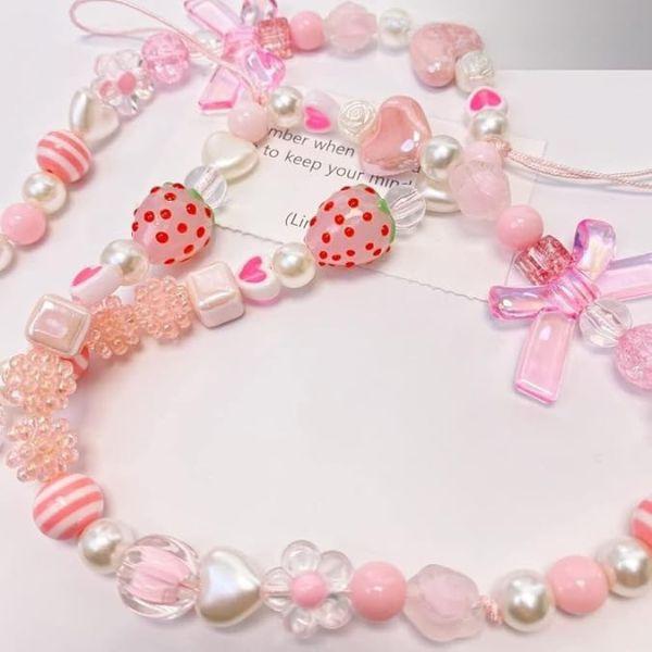 Cute Phone Charms Strap for Smartphones – Aesthetic Beaded Pearl Love Chain Phone Lanyard, Kawaii Phone Jewelry Wrist Strap, Perfect for Christmas Gift