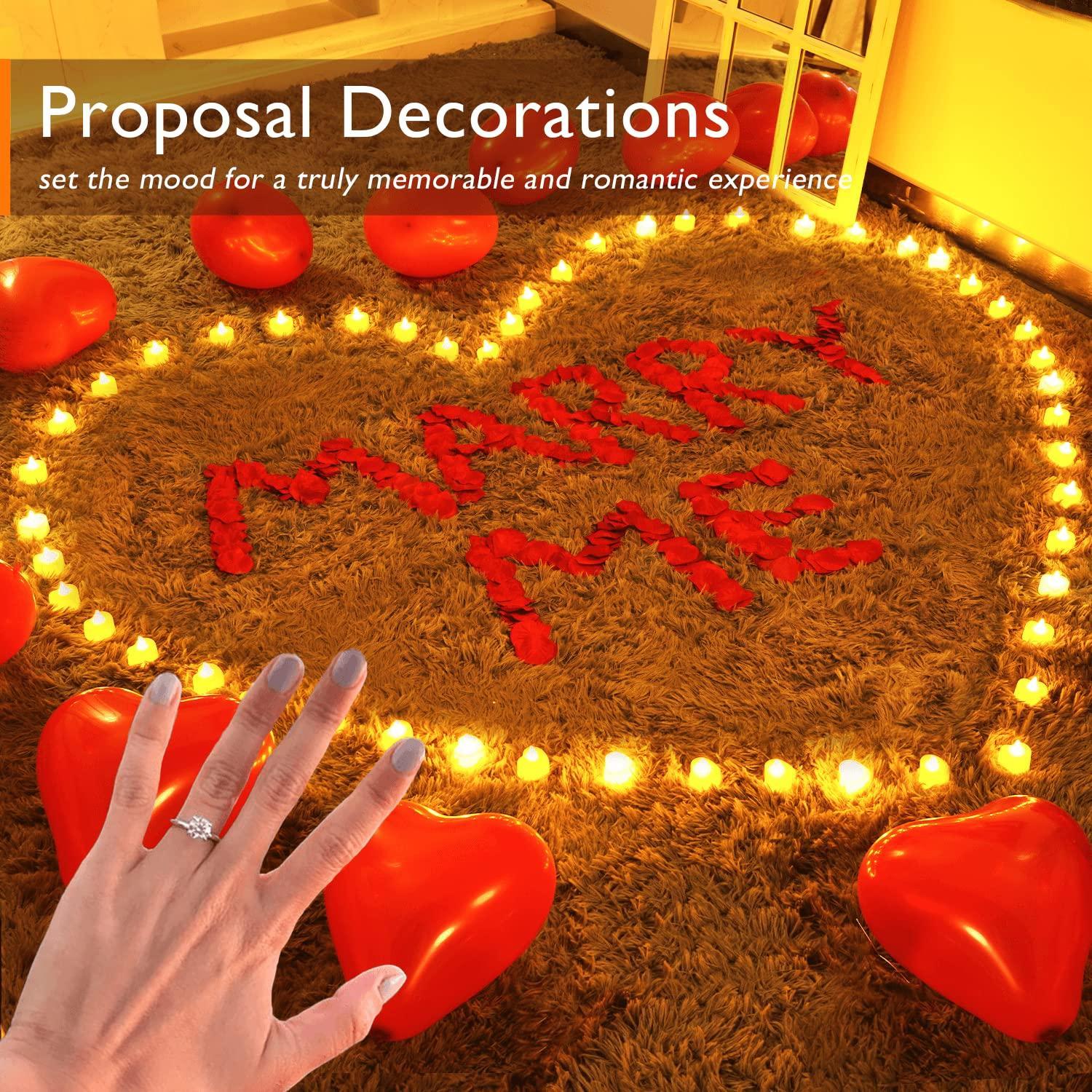 Valentine's Day Surprise Kit: 1000 Rose Petals, 30 Heart Balloons & 24 LED Tea Lights for Romantic Proposal, Anniversary, Wedding Table Scatter Decorations