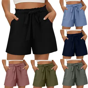 Stretch Waistband Loose Casual Pants, Summer Cotton and Linen with Pockets, Wide-leg Shorts for Women
