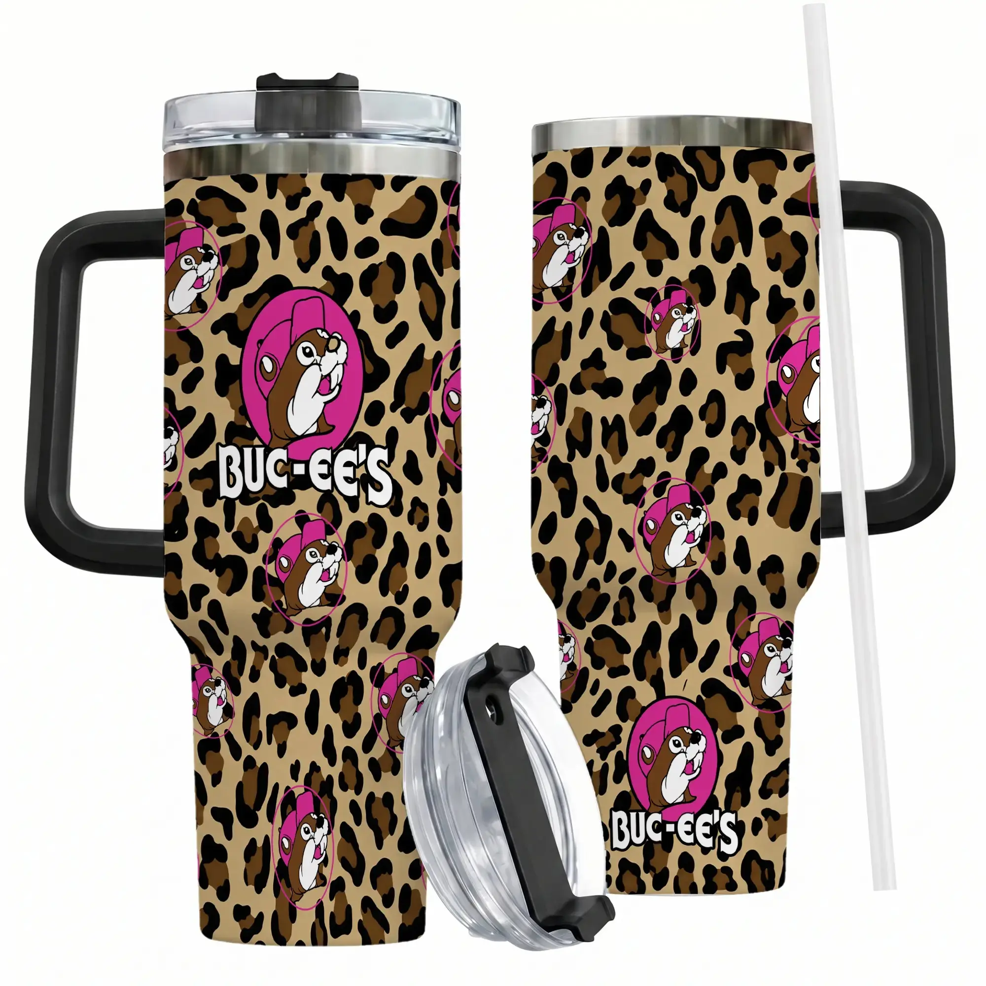 [MADE IN US] Buc-ee's Leopard Print 40oz Tumbler, Pink Travel Coffee Cup, Stainless Steel Water Bottle, Cute Beaver Tumbler, Gift for Her, Cute Beaver Merch, Road Trip Tumbler Gift, Kitchen Drinkware