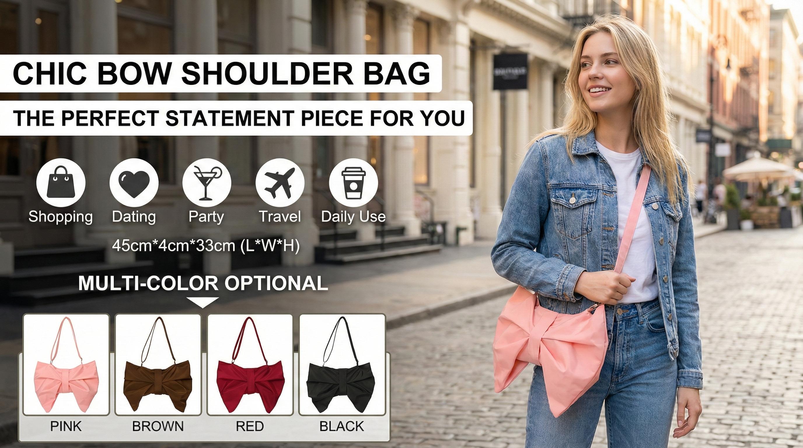 Bowknot Shoulder Bag For Women, Fashion Small Underarm Purse, Cute Casual Lightweight Fabric Handbag With Adjustable Strap