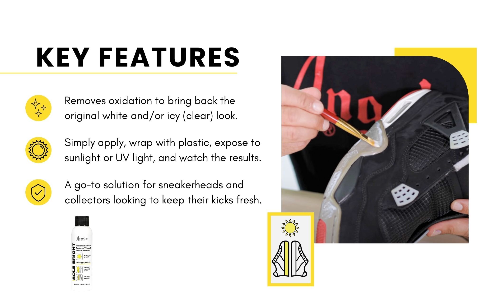 Angelus Sole Bright 3.9 oz, White Sole Shoe Cleaner, Effectively Removes Yellowing and Restores Original Look - Shoe Sole Whitener for Sneakers, Tennis Shoes, Yellowed Rubber Midsoles Angelus Sole Bright 3.9 oz, White Sole Shoe Cleaner, Effectively Removes Yellowing and Restores Original Look - Shoe Sole Whitener for Sneakers, Tennis Shoes, Yellowed Rubber Midsoles