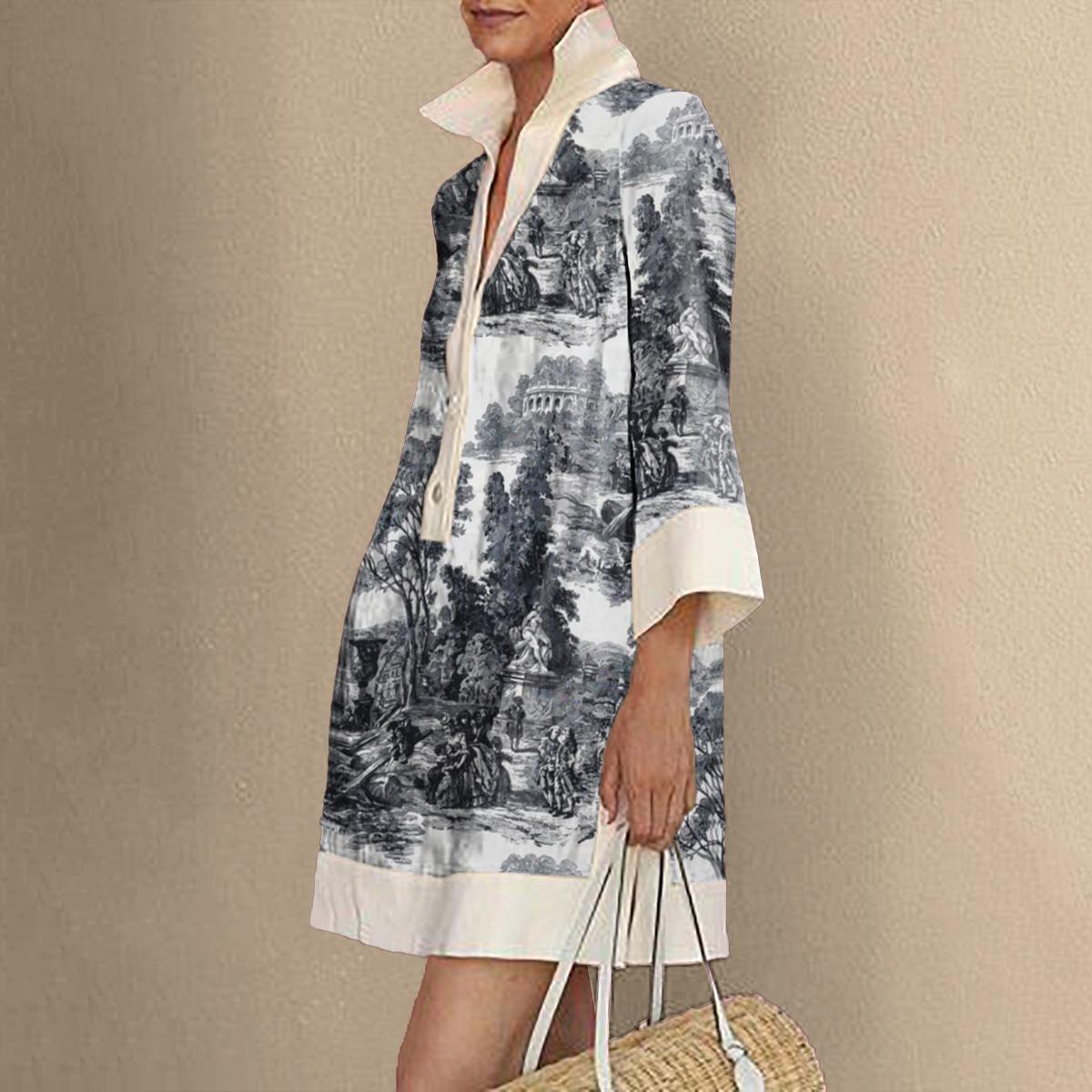 Women's Cotton Collared Long Sleeves Loose Printed Lapel Mini Dresses Shirt Dress Summer Casual Hand Wash Only